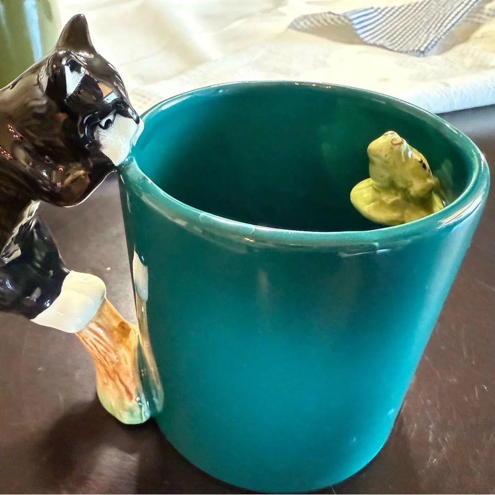 Vintage Teal Mug‎ with Cat and Frog Design
